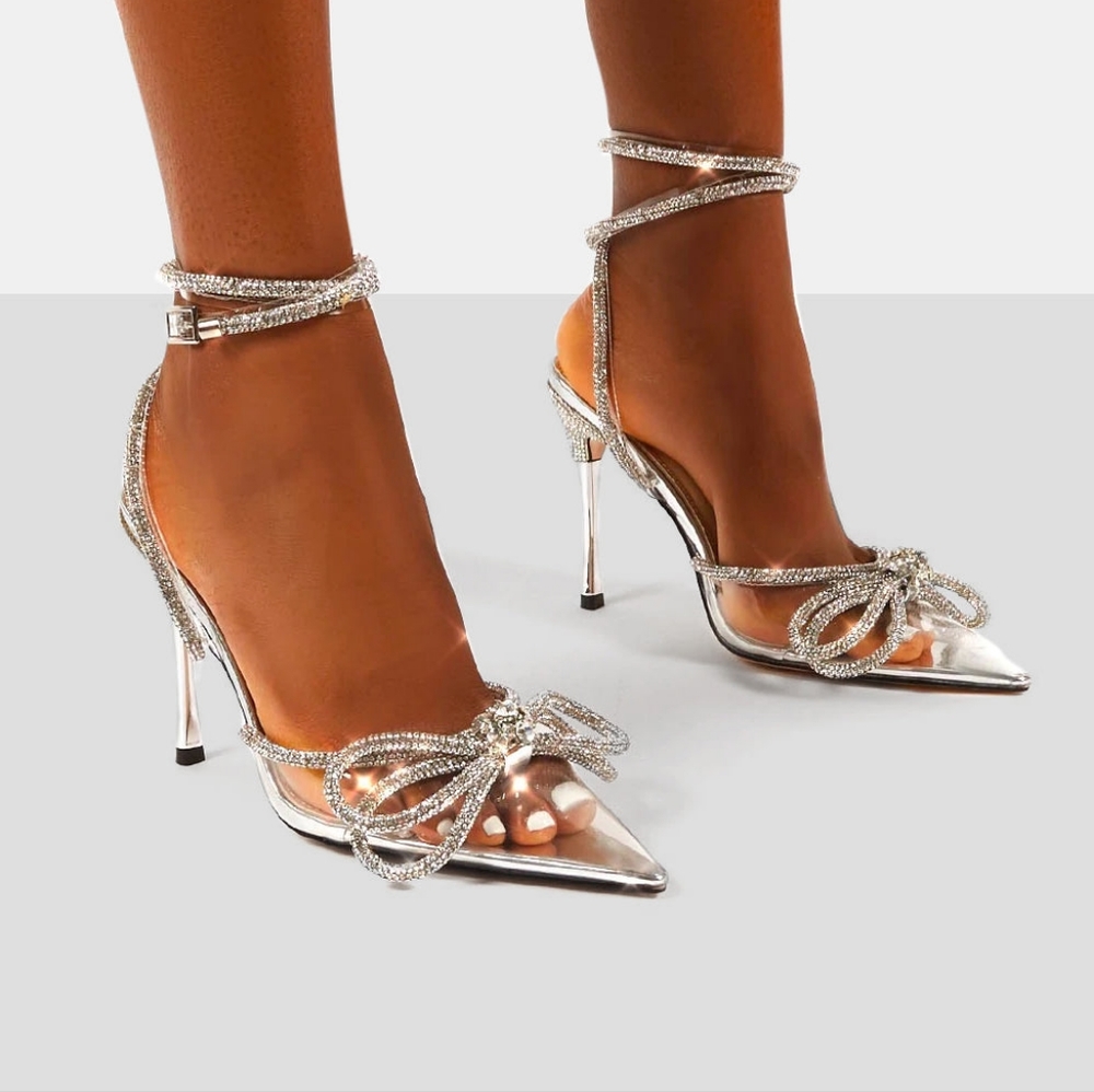Clear Perspex Wrap Around Sparkly Diamante Bow Pointed Heel